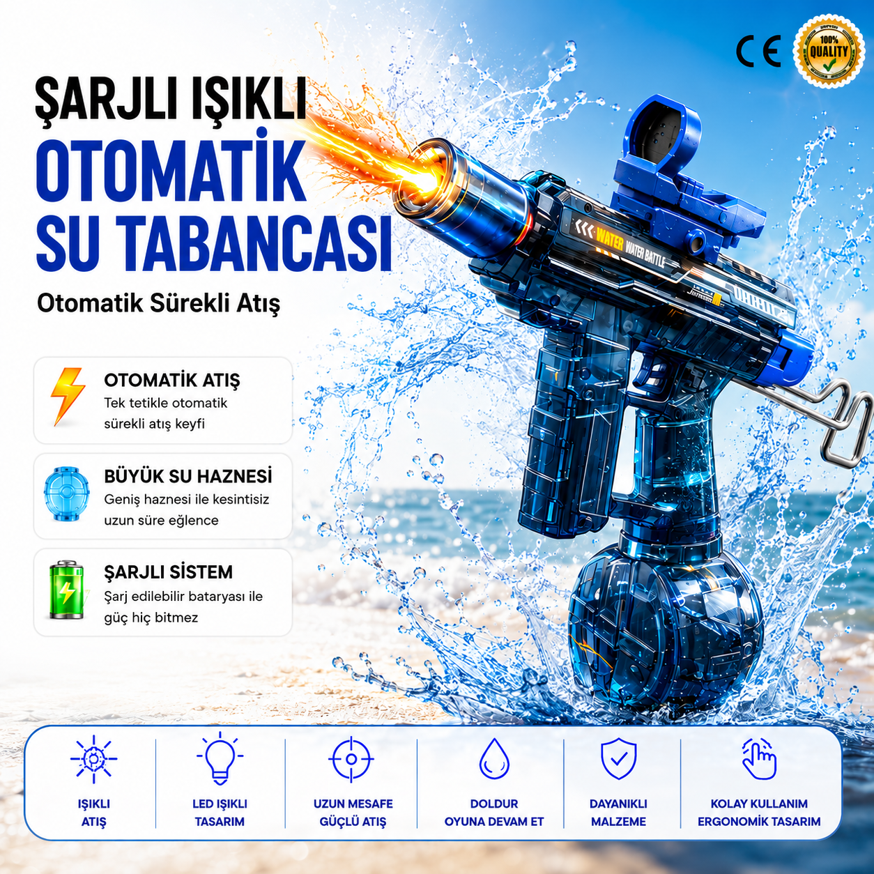 Şarjlı Işıklı Otomatik Su Tabancası